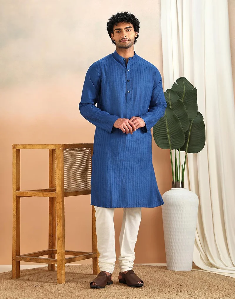 فاب انديا Blue Viscose Silk Long Kurta