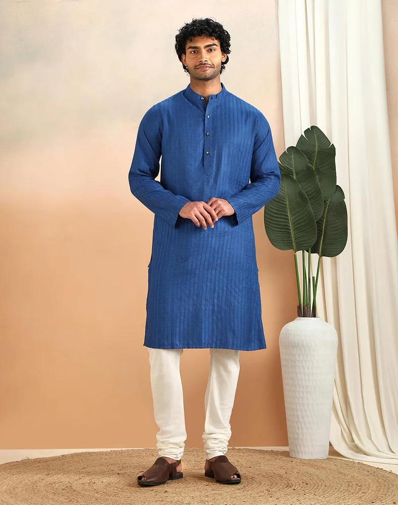 فاب انديا Blue Viscose Silk Long Kurta