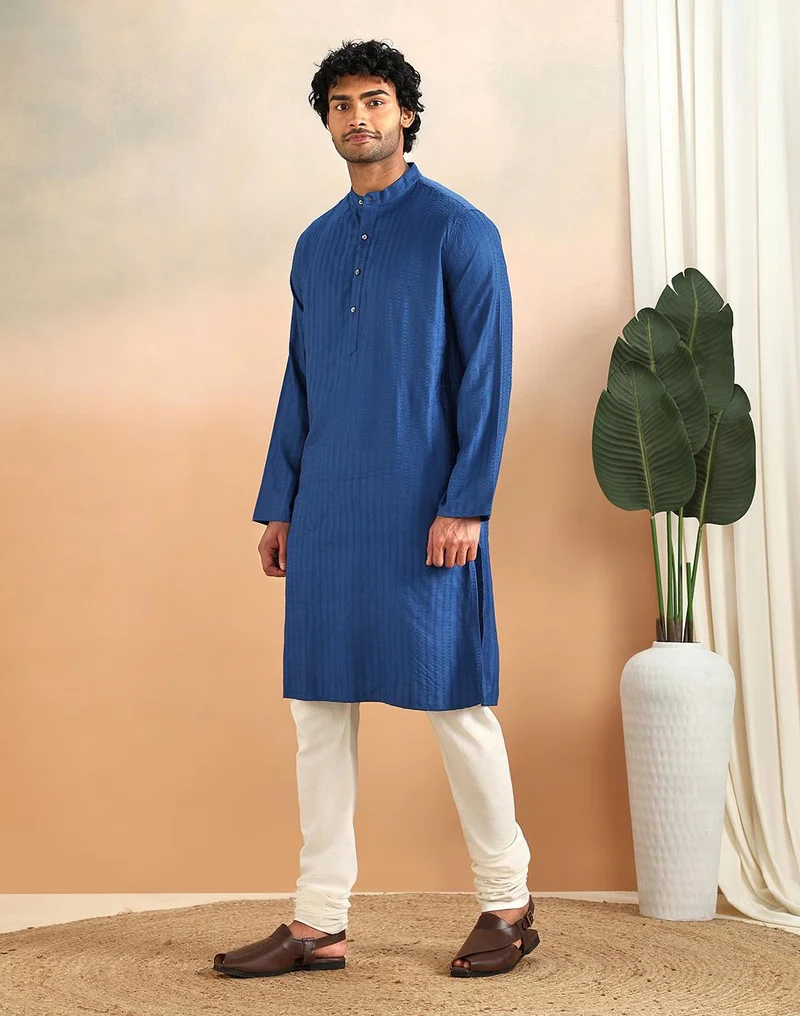 Fabindia  Blue Viscose Silk Long Kurta for Men | Best Price UAE
