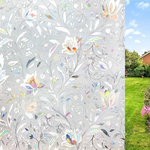 WALLTON Privacy Vinyl Frosted Window Film Glass Sticker Self-Adhesive Film Tint Wallpaper Opaque Sheet for Glass Privacy Cover Window, Door, Office, Home.| Anti-UV. (16x36 Inch, Lotus Flowers) - Image 1
