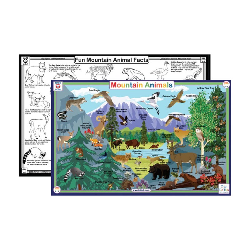 Tot Talk Mountain Animals Educational Placemat for Kids â€“ Made in USA â€“ Durable, Double-Sided, Learning Placemat with Mountain Wildlife & Nature Facts & Coloringâ€“ Waterproof, Wipeable, 17.5â€ x 11.5â€ - Image 1