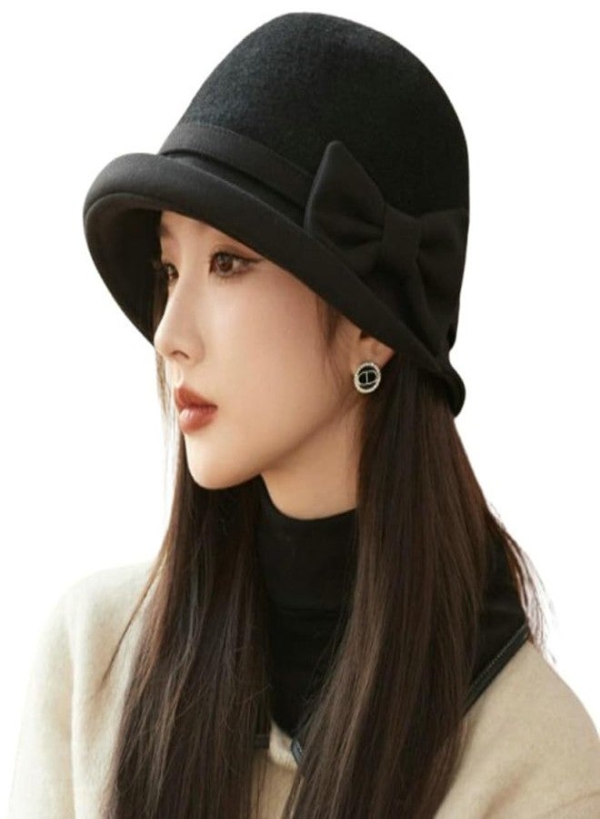 Caistre Classic Felt Fedora Hat for Women 2025 Fall Winter Soft Elegant Bow Bucket Hat Cozy Short Brim Cap 2025, Black, M - Image 2