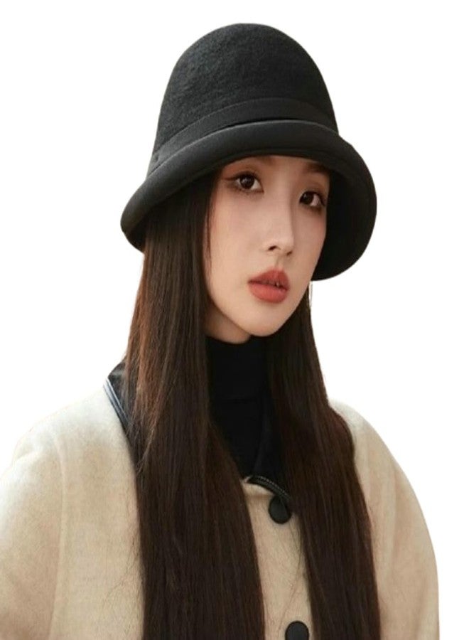 Caistre Classic Felt Fedora Hat for Women 2025 Fall Winter Soft Elegant Bow Bucket Hat Cozy Short Brim Cap 2025, Black, M - Image 1