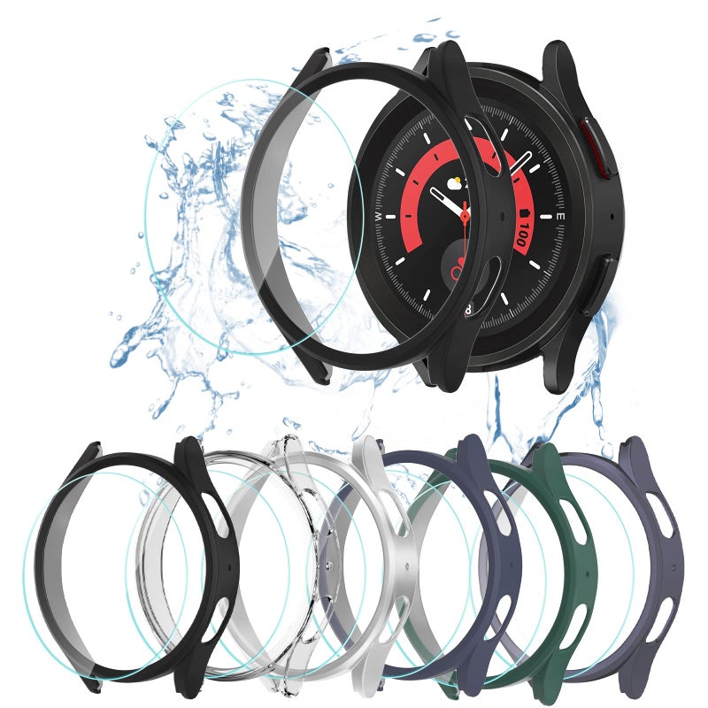 HASDON [6+6Pack] Case and Screen Protector for Samsung Galaxy Watch 5 pro 45mm, Bubble Free Tempered Glass Screen Protector + Waterproof Matte Hard PC Bumper Full Protective Cover - Image 1