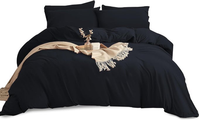 KING SIZE DUVET COVER SETS SOFT BREATHABLE BRUSHED MICROFIBRE PLAIN DUVET COVER WITH PILLOW CASES BUTTON CLOSURE QUILT COVER BED SET BLACK