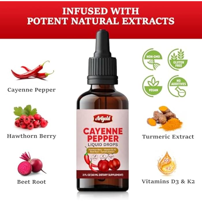 Arigold Cayenne Pepper Drops – Circulation & Energy Support Liquid Supplement with Hawthorn Berry, Beet Root, Turmeric, Vitamins D3 + K2, Ceylon Cinnamon, Berberine & Ginseng – Vegan, Non-GMO, 2 fl oz - Image 4