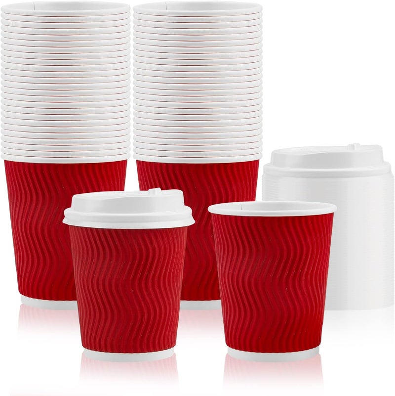 Lainrrew 50 Pcs 8oz Recyclable Coffee Cups with Lids Insulated Kraft Ripple Wall Cups Disposable To Go Paper Coffee Cups Hot Beverage Cups Drinking Cups for Chocolate Tea Hot and Cold Drinks - Image 1