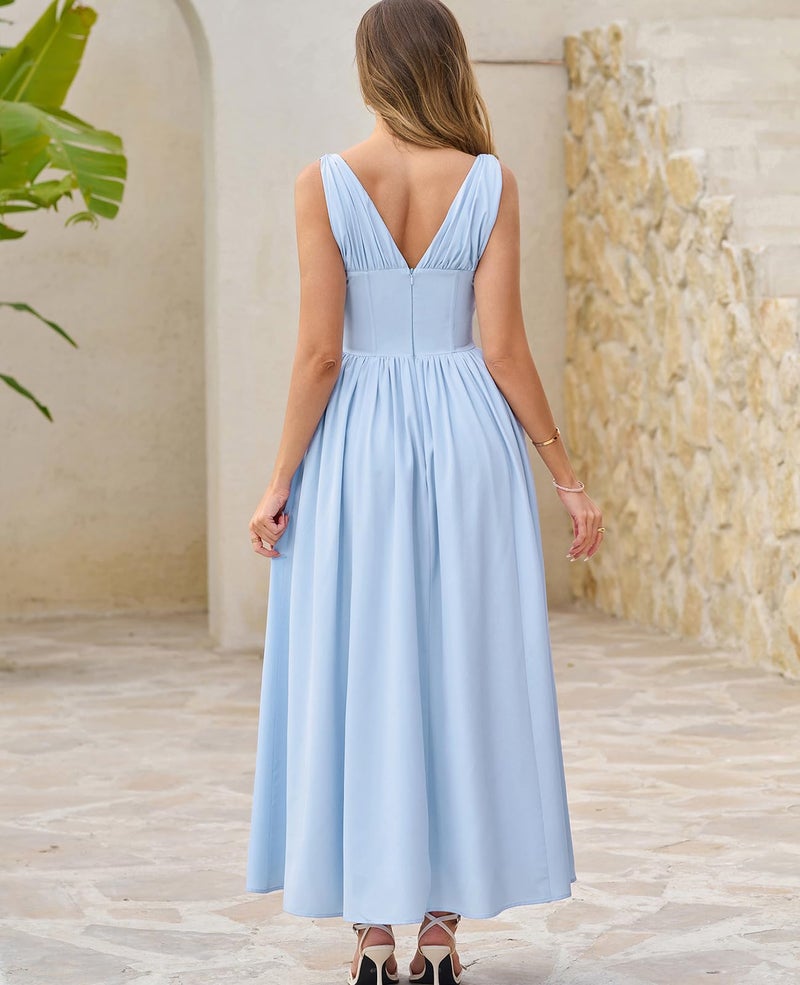 GLNEGE Women's Summer Corset Midi Milkmaid Dress Casual V Neck Flowy A Line Sundress Wedding Guest Dresses with Pockets 2026 Blue - Image 3
