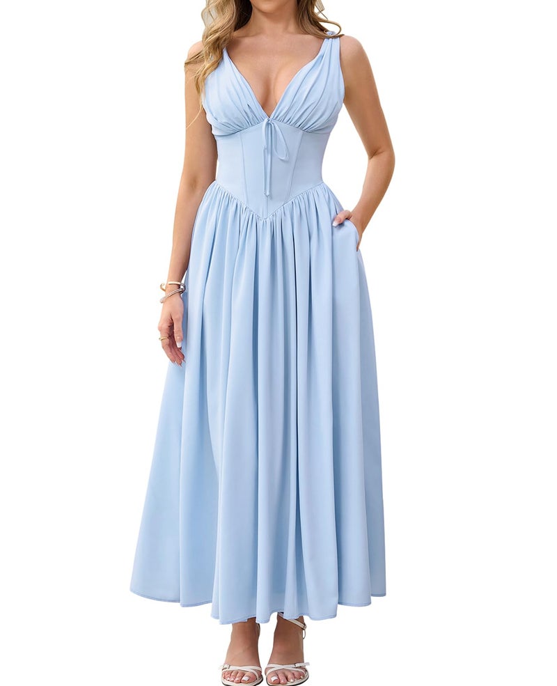 GLNEGE Women's Summer Corset Midi Milkmaid Dress Casual V Neck Flowy A Line Sundress Wedding Guest Dresses with Pockets 2026 Blue - Image 1