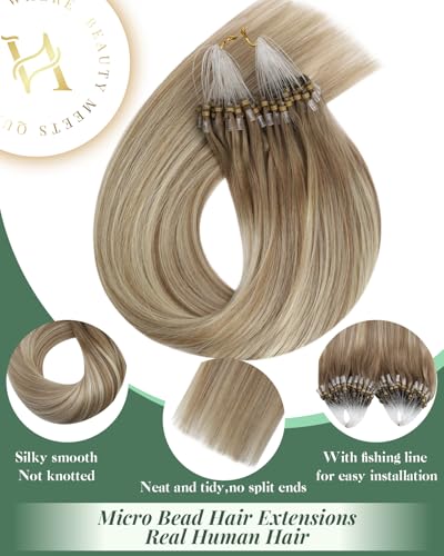 Ugeat Micro Loop Hair Extensions Real Human Hair Balayage Invisible Micro Bead Hair Extension Light Brown Mix Platinum Blonde Microlinks Hair Extension Ease of Installation 22 Inch 57G 50S - Image 5