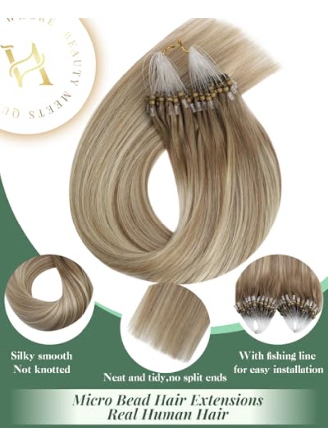 Ugeat Micro Loop Hair Extensions Real Human Hair Balayage Invisible Micro Bead Hair Extension Light Brown Mix Platinum Blonde Microlinks Hair Extension Ease of Installation 22 Inch 57G 50S - Image 4