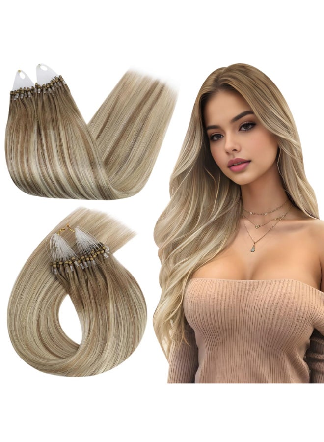 Ugeat Micro Loop Hair Extensions Real Human Hair Balayage Invisible Micro Bead Hair Extension Light Brown Mix Platinum Blonde Microlinks Hair Extension Ease of Installation 22 Inch 57G 50S - Image 3