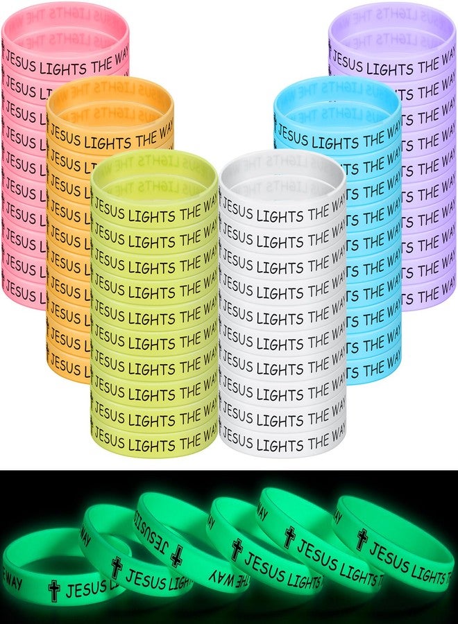 Tondiamo 60 Pcs 8'' Christian Glow in the Dark Wristbands Bulk, Jesus Lights the Way Wristbands, Luminous Silicone Bracelets, Christian Gift for Missionaries Religious Church Giveaway (Multicolor) - Image 1