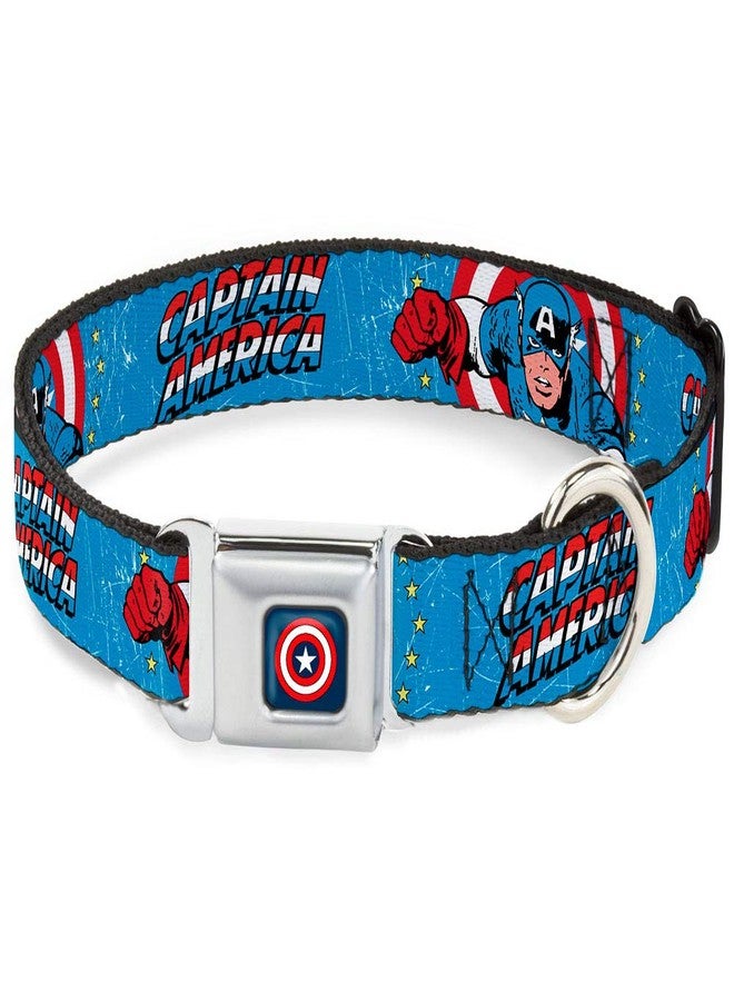 Buckle Down Dog Collar Seatbelt Buckle Captain America Action Pose Weathered Blue 15 to 26 Inches 1.0 Inch Wide - Image 1
