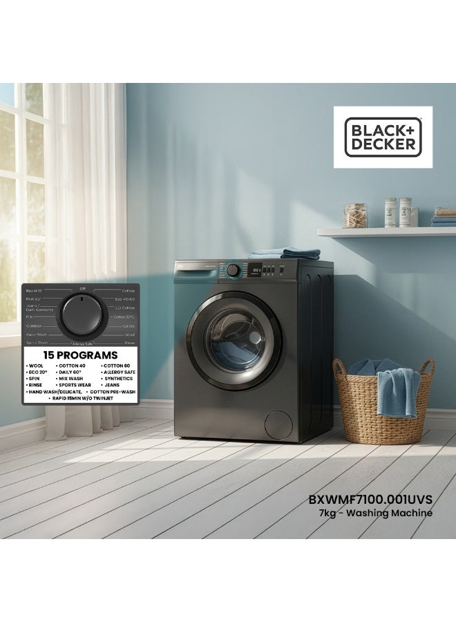 BLACK+DECKER 7kg Front Load Washing Machine, 1000 RPM Spin, 15 Wash Programs, LED Display, Eco Logic 7 kg 400 W BXWMF7100.001UVS Dark Grey - Image 3