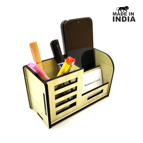 Woodkey Desk Organizer Pen stand With Visiting Card And Mobile Holder|Multipurpose Wooden Pen And Pencil Holder Stand For Office&Study Table, Desk Supplies Organisers (Intal beech) - Image 3