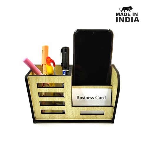 Woodkey Desk Organizer Pen stand With Visiting Card And Mobile Holder|Multipurpose Wooden Pen And Pencil Holder Stand For Office&Study Table, Desk Supplies Organisers (Intal beech) - Image 4