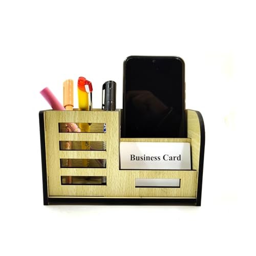 Woodkey Desk Organizer Pen stand With Visiting Card And Mobile Holder|Multipurpose Wooden Pen And Pencil Holder Stand For Office&Study Table, Desk Supplies Organisers (Intal beech) - Image 1