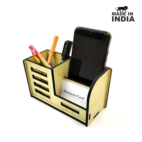 Woodkey Desk Organizer Pen stand With Visiting Card And Mobile Holder|Multipurpose Wooden Pen And Pencil Holder Stand For Office&Study Table, Desk Supplies Organisers (Intal beech) - Image 5