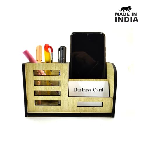 Woodkey Desk Organizer Pen stand With Visiting Card And Mobile Holder|Multipurpose Wooden Pen And Pencil Holder Stand For Office&Study Table, Desk Supplies Organisers (Intal beech) - Image 2