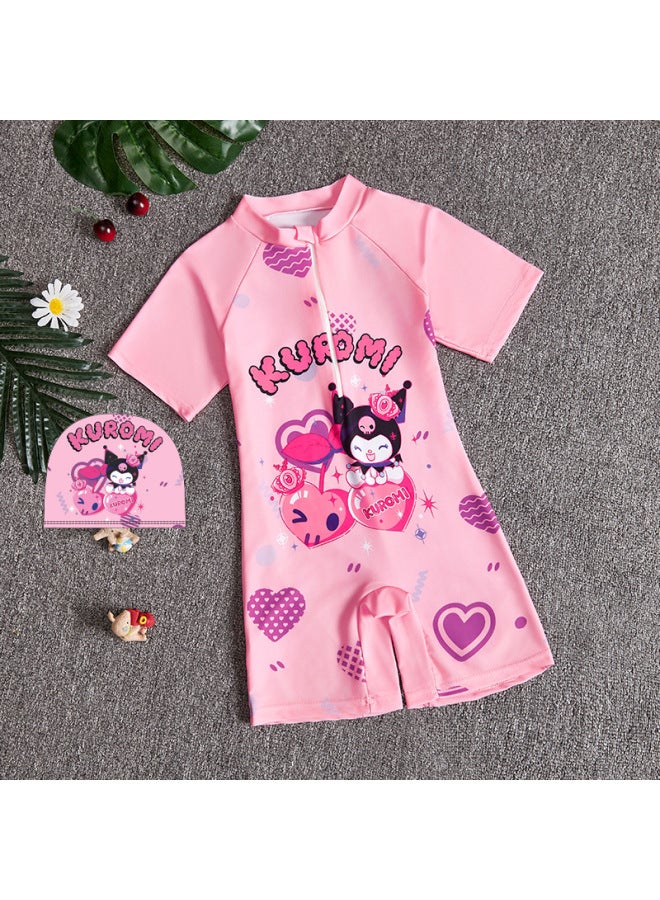 Generic Summer Children's Swimwear Girls' Small And Medium-sized Children's Swimwear Swimwear Cartoon Boys' Short-sleeved Suit-Color:187+ Hat-Size:M 90-100CM  - Image 1