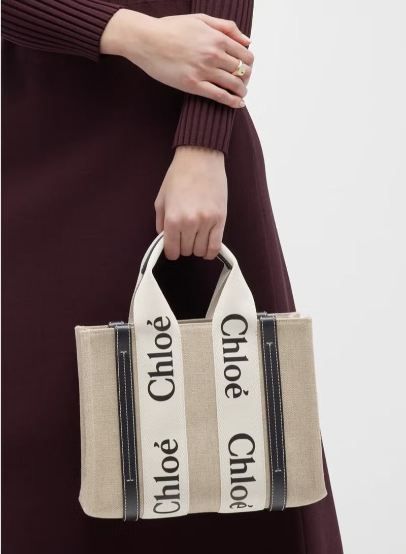 Chloe Woody Small Women Tote Bag in Linen, Women Shoulder Bag, Women Hand Bag, Women's Travel Bag, Women's Shopping Bag, White-Black - Image 1