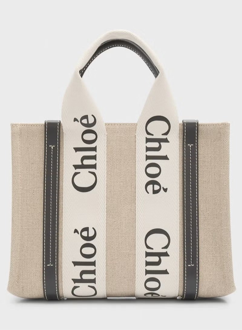 Chloe Woody Small Women Tote Bag in Linen, Women Shoulder Bag, Women Hand Bag, Women's Travel Bag, Women's Shopping Bag, White-Black - Image 2