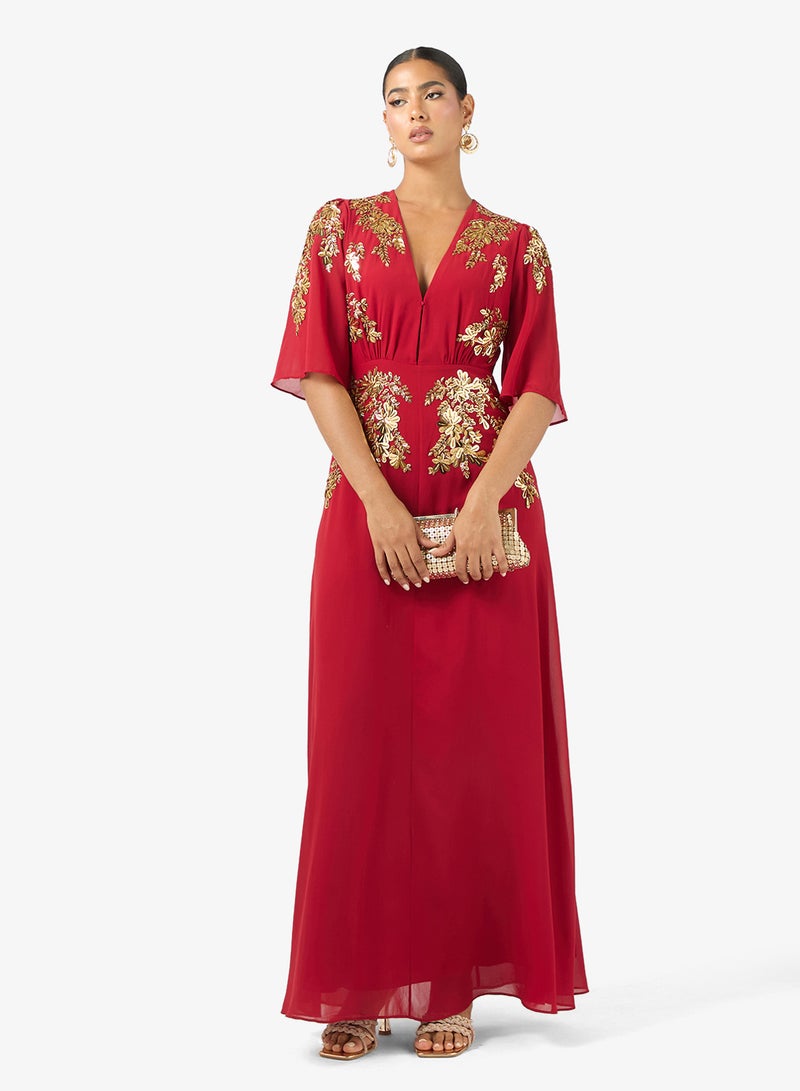 Hope & Ivy Plunge Front Embellished   Flutter Sleeve Maxi Dress - Image 4
