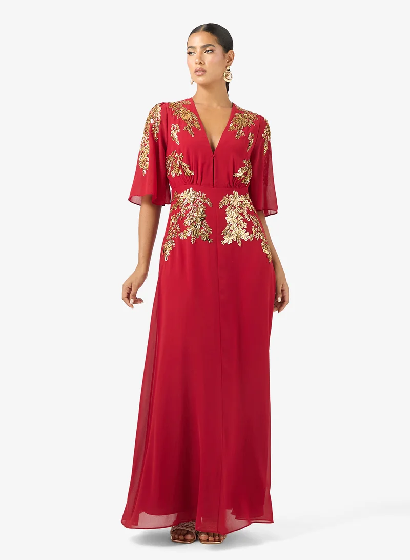 Plunge Front Embellished   Flutter Sleeve Maxi Dress