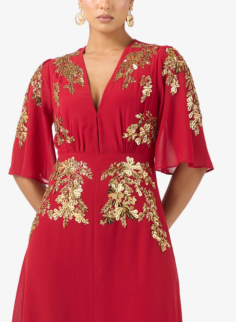 Hope & Ivy Plunge Front Embellished   Flutter Sleeve Maxi Dress - Image 3