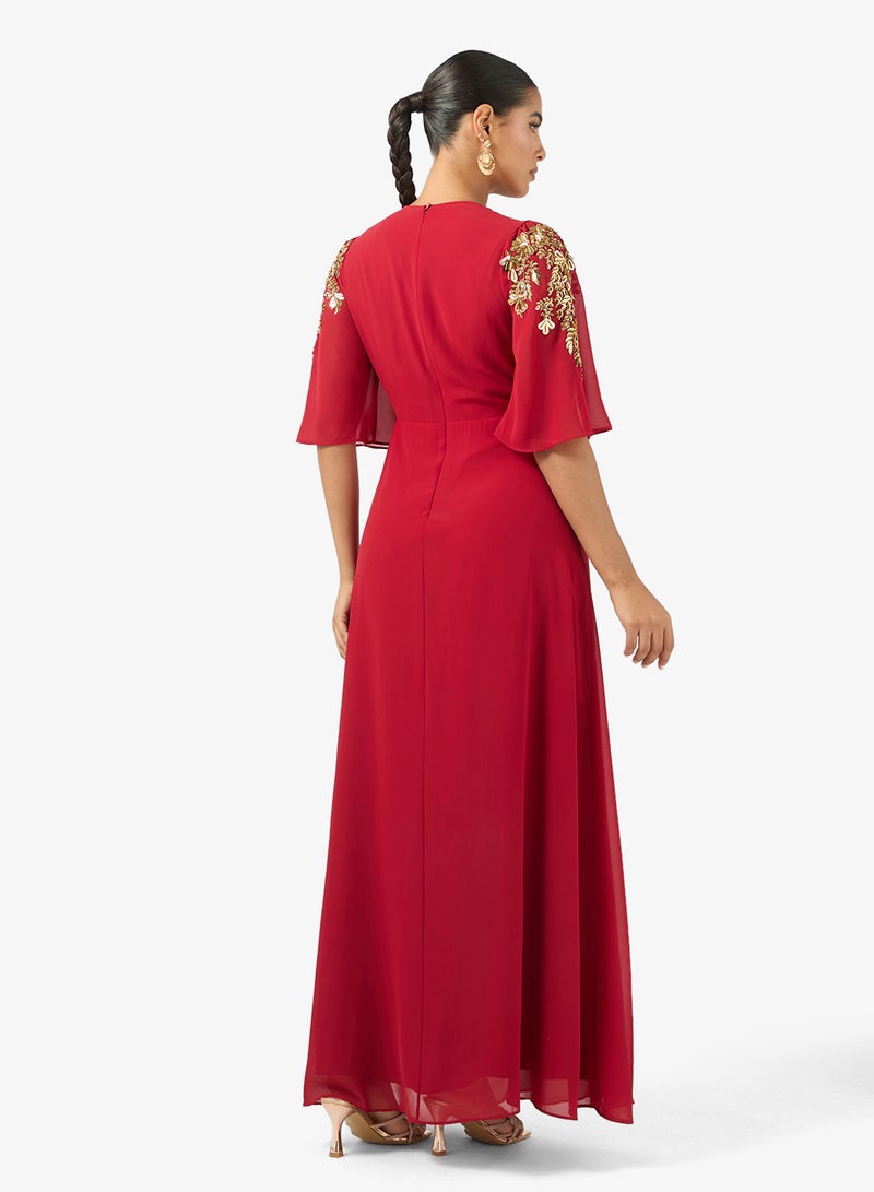 Hope & Ivy Plunge Front Embellished   Flutter Sleeve Maxi Dress - Image 2