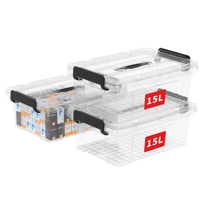 Cetomo 15L3 Storage Boxes Carry Plastic Storage Box with Lids Organizing Container with Handle and Secure Latching Buckles Stackable Nestable Tote Bin for Home Office Clothes 15L3Pack Clear