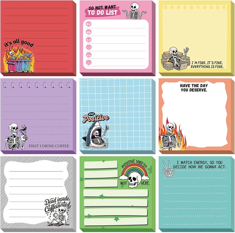 Saypacck 9 Pads Gothic Skeleton Sticky Notes 3x3 Inch Cute Self Stick Notepads Notes Adhesive Memo Pad Office Decor Gifts for Students School Teacher Meeting Office Supplies - Image 1