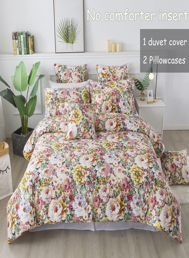 فادفاي طقم مفروشات فادفاي جاردن فلورال، مقاس كوين، قطن 100%، 600 خيط، غطاء لحاف بتصميم عتيق أنيق، لون وردي سلموني، زهور كبيرة، تصميم ريفي رومانسي، سحاب، أربطة زاوية، 3 قطع - بدون حشوة - Image 2
