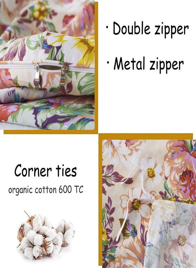 فادفاي طقم مفروشات فادفاي جاردن فلورال، مقاس كوين، قطن 100%، 600 خيط، غطاء لحاف بتصميم عتيق أنيق، لون وردي سلموني، زهور كبيرة، تصميم ريفي رومانسي، سحاب، أربطة زاوية، 3 قطع - بدون حشوة - Image 4