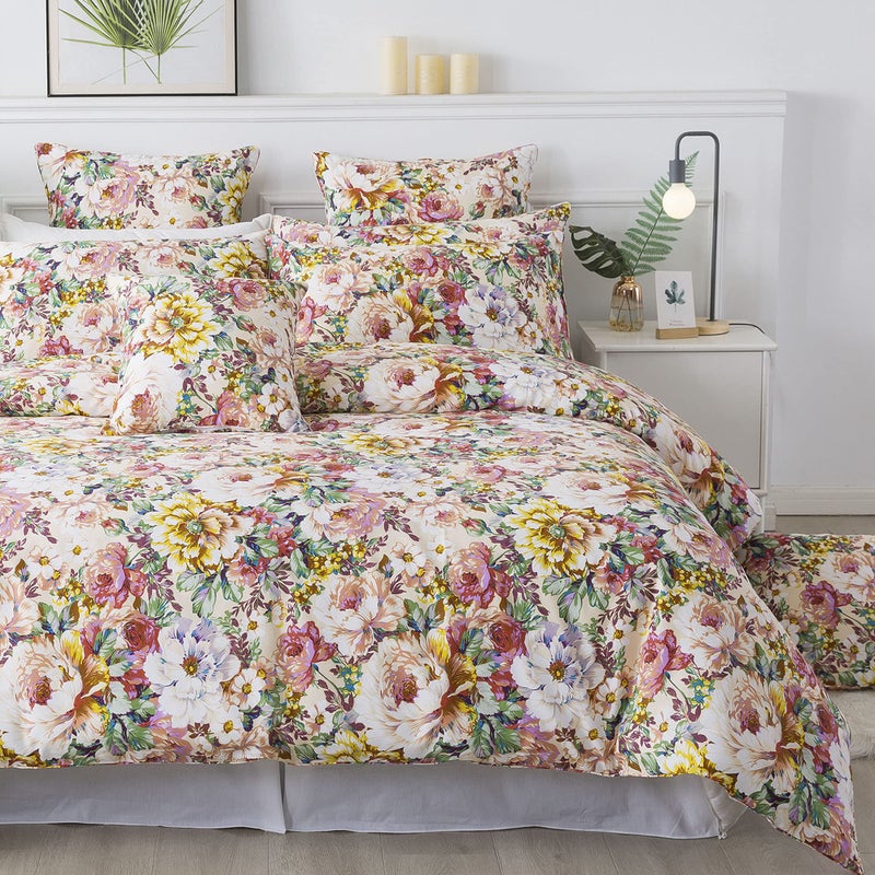 فادفاي طقم مفروشات فادفاي جاردن فلورال، مقاس كوين، قطن 100%، 600 خيط، غطاء لحاف بتصميم عتيق أنيق، لون وردي سلموني، زهور كبيرة، تصميم ريفي رومانسي، سحاب، أربطة زاوية، 3 قطع - بدون حشوة - Image 1