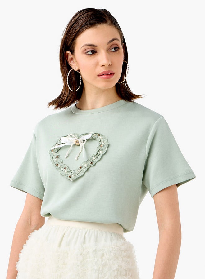 2Xtremz Heart Embroidered T-shirt with Crew Neck and Short Sleeves - Image 1