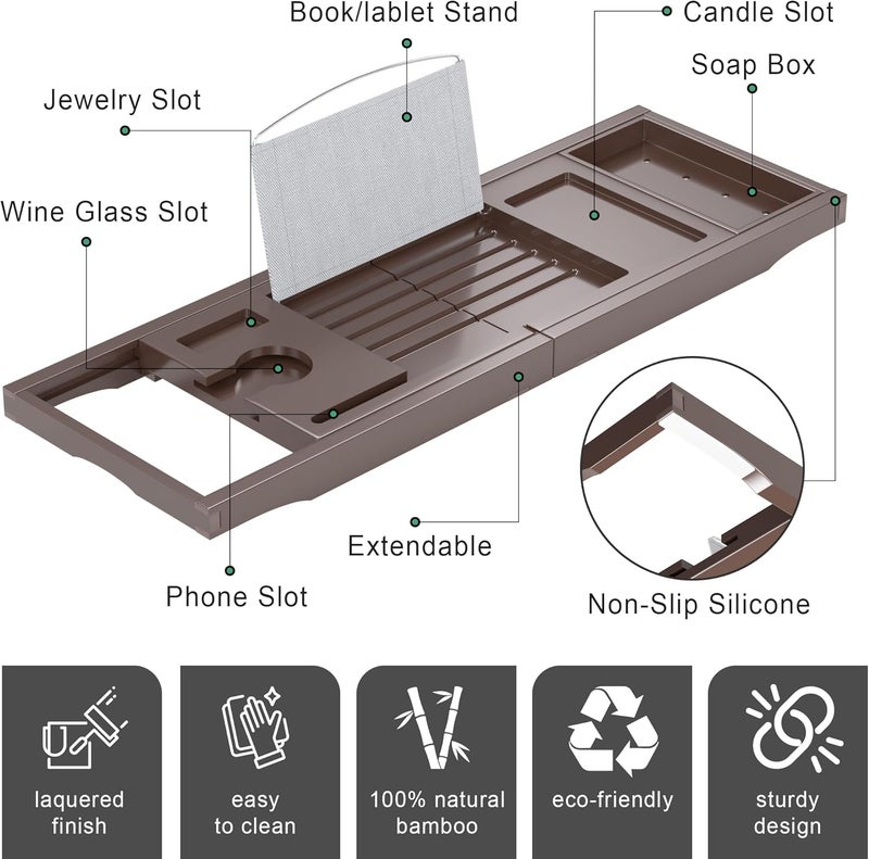 promitop Foldable Bathtub Caddy Tray for Tub,Bamboo Expandable Bath Table Trays,Premium Bathroom Accessories for New Home & Mothers Day & Birthday Gifts for Couples,Brown - Image 5