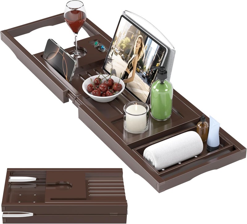 promitop Foldable Bathtub Caddy Tray for Tub,Bamboo Expandable Bath Table Trays,Premium Bathroom Accessories for New Home & Mothers Day & Birthday Gifts for Couples,Brown - Image 1