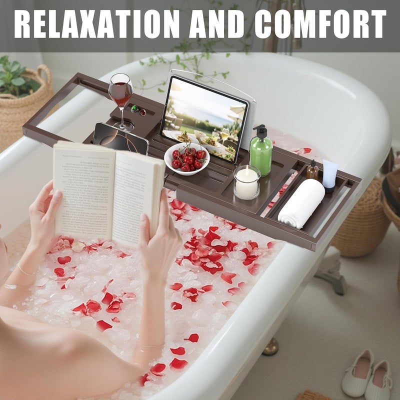 promitop Foldable Bathtub Caddy Tray for Tub,Bamboo Expandable Bath Table Trays,Premium Bathroom Accessories for New Home & Mothers Day & Birthday Gifts for Couples,Brown - Image 4