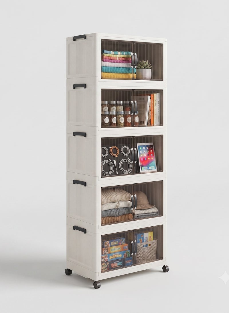 Khorshed Plast 5-Tier Plastic Clear-Door Storage Cabinet, White and Grey Display Drawers, Organizer Unit with Transparent Doors, Home Office Storage Solution - Image 1