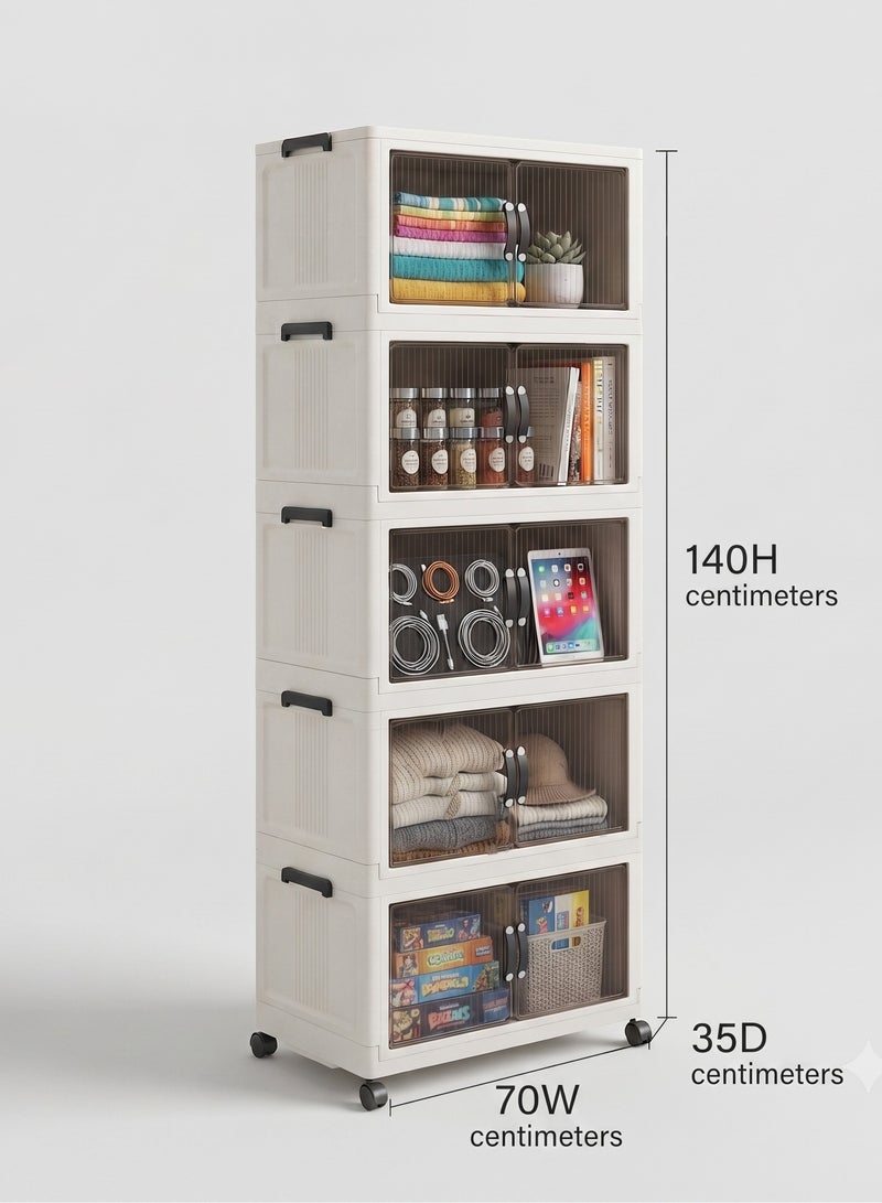 Khorshed Plast 5-Tier Plastic Clear-Door Storage Cabinet, White and Grey Display Drawers, Organizer Unit with Transparent Doors, Home Office Storage Solution - Image 3