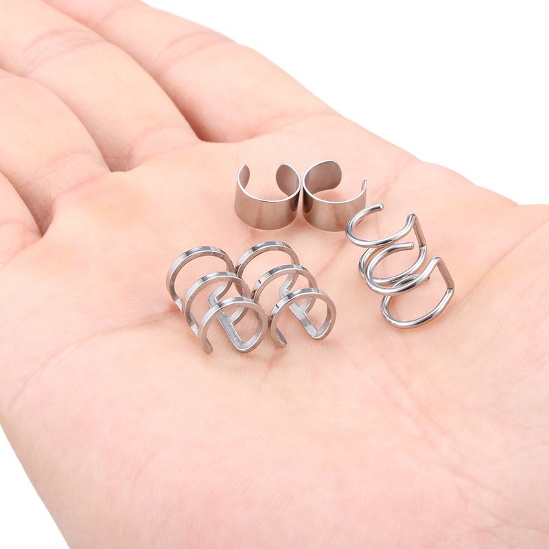 Ruifan Stainless Steel Ear Cuff Non piercing Fake Clip-on Cartilage Earring Set Women Men 6pcs - Silver - Image 2
