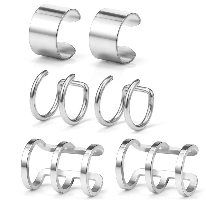 Ruifan Stainless Steel Ear Cuff Non piercing Fake Clip-on Cartilage Earring Set Women Men 6pcs - Silver - Image 1