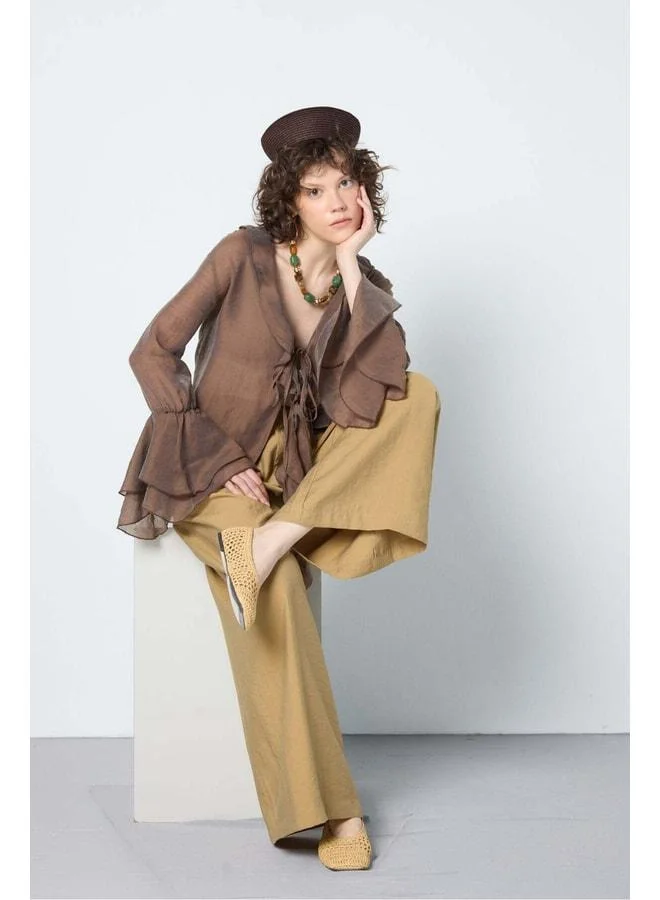 mina aise Ruffled Tie-Front Blouse Dark Brown 31042.
