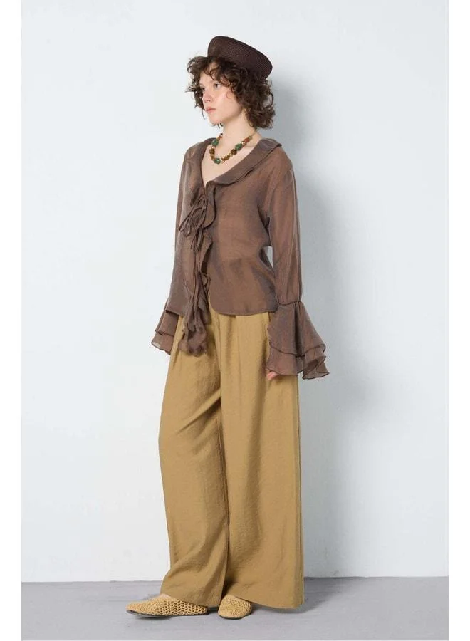 mina aise Ruffled Tie-Front Blouse Dark Brown 31042.