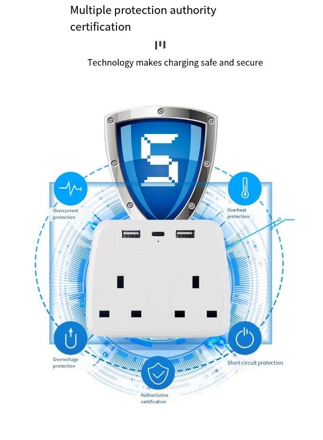 موسع كهربائي متعدد المآخذ مع 2 USB و2 AC وType-C، محول كهربائي مكعب 5 في 1، شاحن جداري USB، موسع قابس ثلاثي للأغراض المنزلية والسفر والمكتب والمطبخ، 16A، 2500W، 110-250V - Image 3