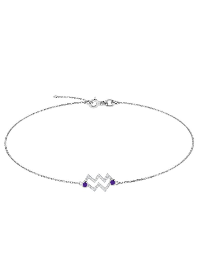 Capri Gold 18K White Gold Aquarius Zodiac Sign Bracelet with Amethyst and Diamond