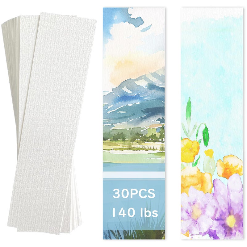 LUFEEMGA 30 PCS Watercolor Paper Blank Bookmarks 1.9" x 5.9", White 140lb Heavyweight Watercolor Paper Cards Bulk for Kids Student Wet,Dry & Mixed Media - Image 1
