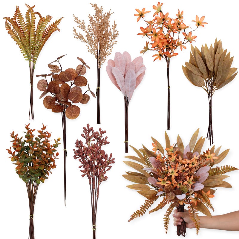 VIERENA Artificial Greenery Stems Box Set for Fall Decor (Pack of 70pcs) with 8 Kinds of Faux Plants and Fake Flowers for Autumn DIY Wedding Bouquet Table Centerpieces and Floral Arrangement (Brown & Orange) - Image 1